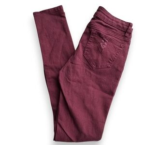 CHIQLE denim architect burgundy distressed skinny jeans size 3 stretch pants